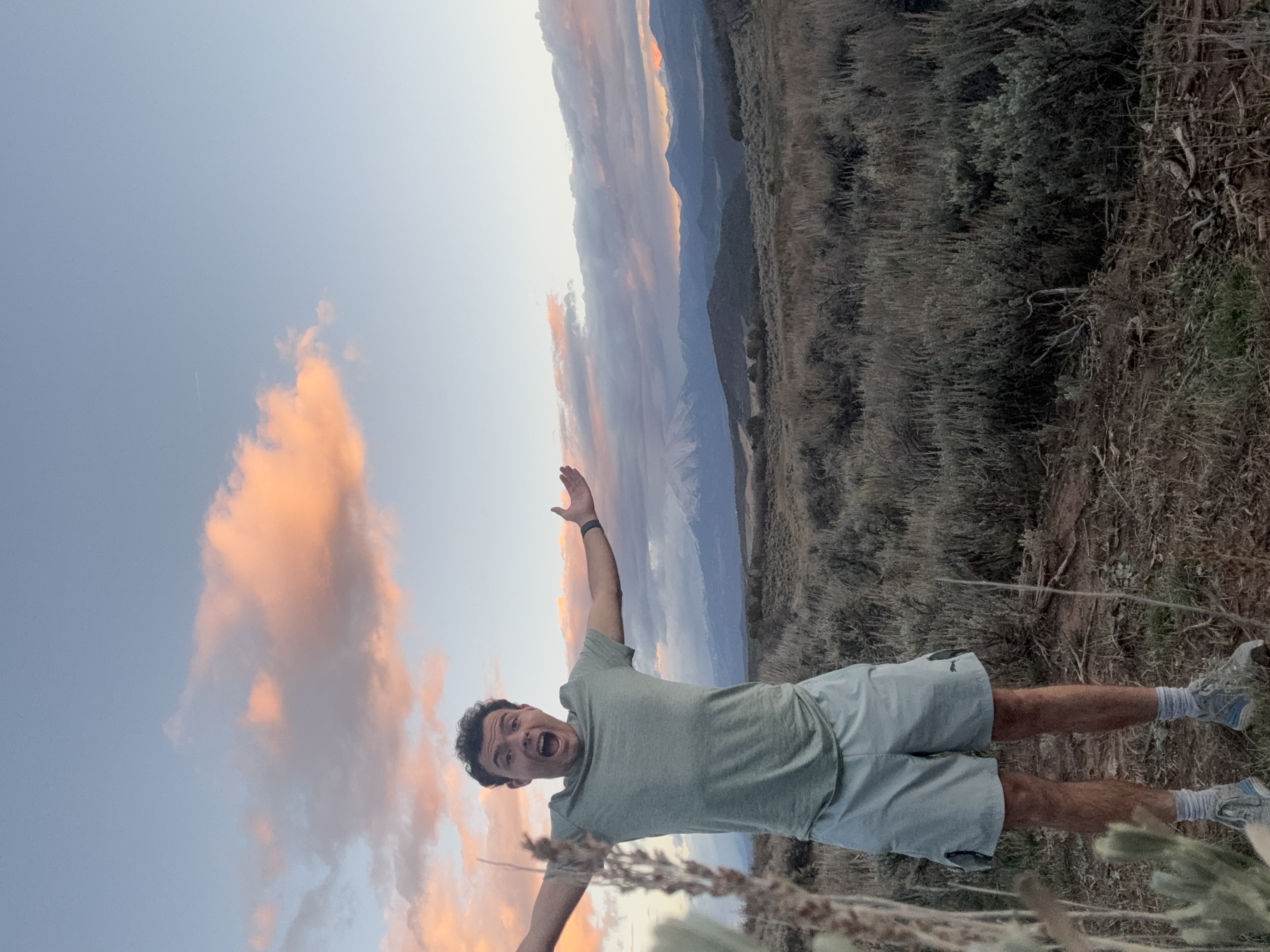 Samo standing joyfully in an open mountain landscape at sunset.