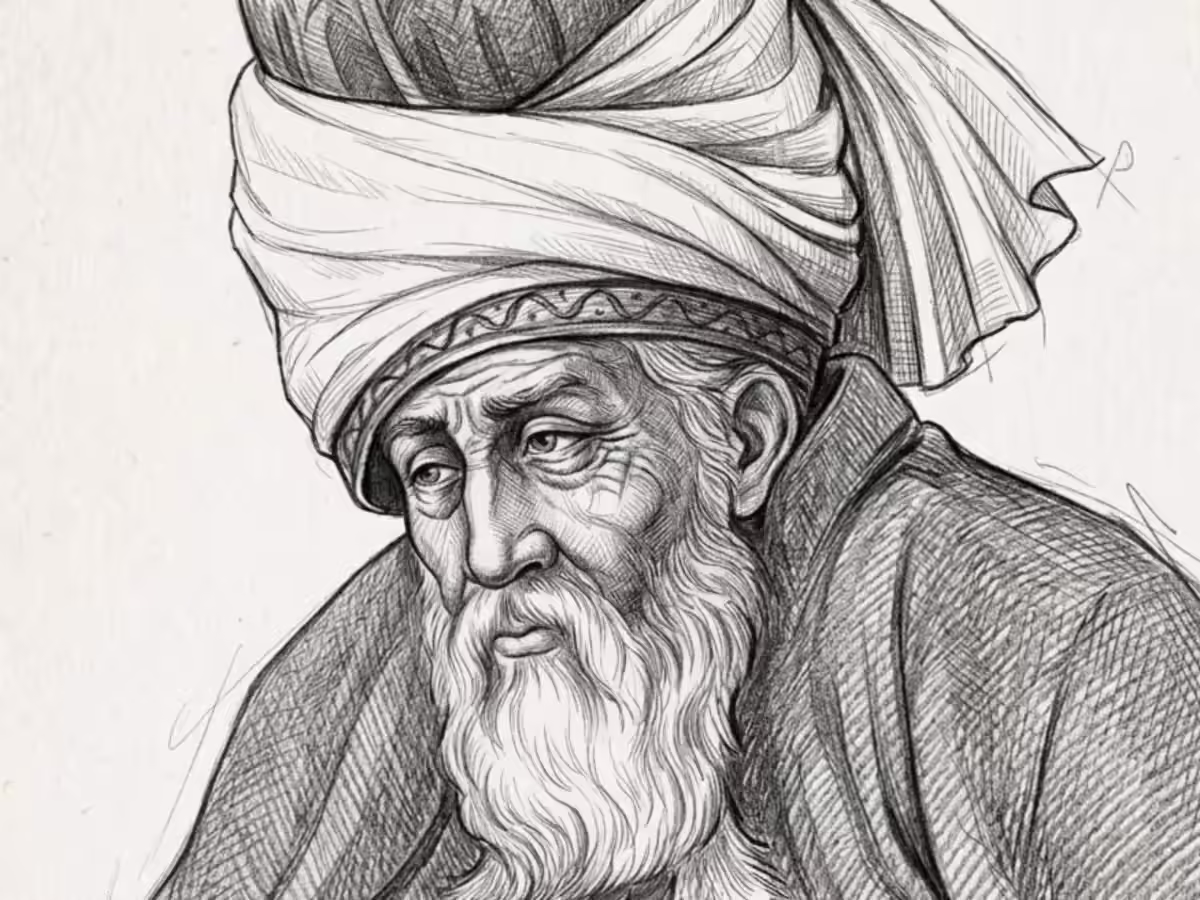 A painted portrait of Rumi.